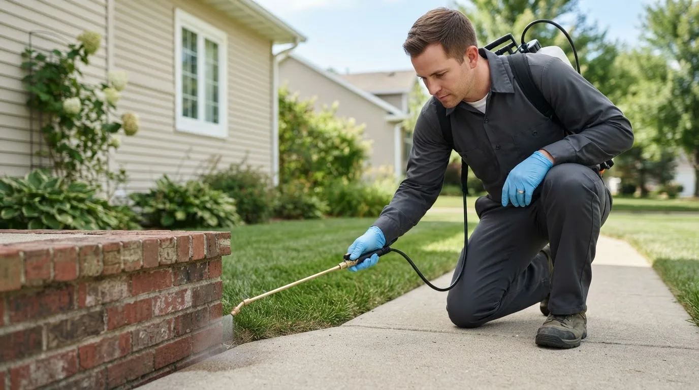 Pest control technician treating a home near Pleasant Hill, IL