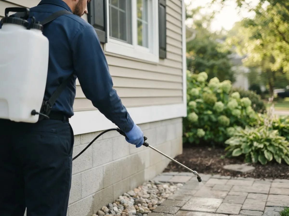 Pest control technician inspecting a home in Pleasant Hill, IL